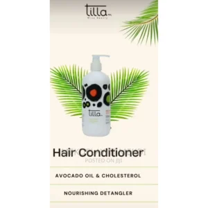 A bottle of Tilla Hair Conditioner with a white label and green accents. The bottle is made of clear glass and contains a light-colored, creamy conditioner formula.