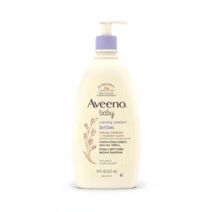 A bottle of Aveeno Baby Calming Comfort Lotion with a white label and purple accents. The bottle contains 532ml of product.
