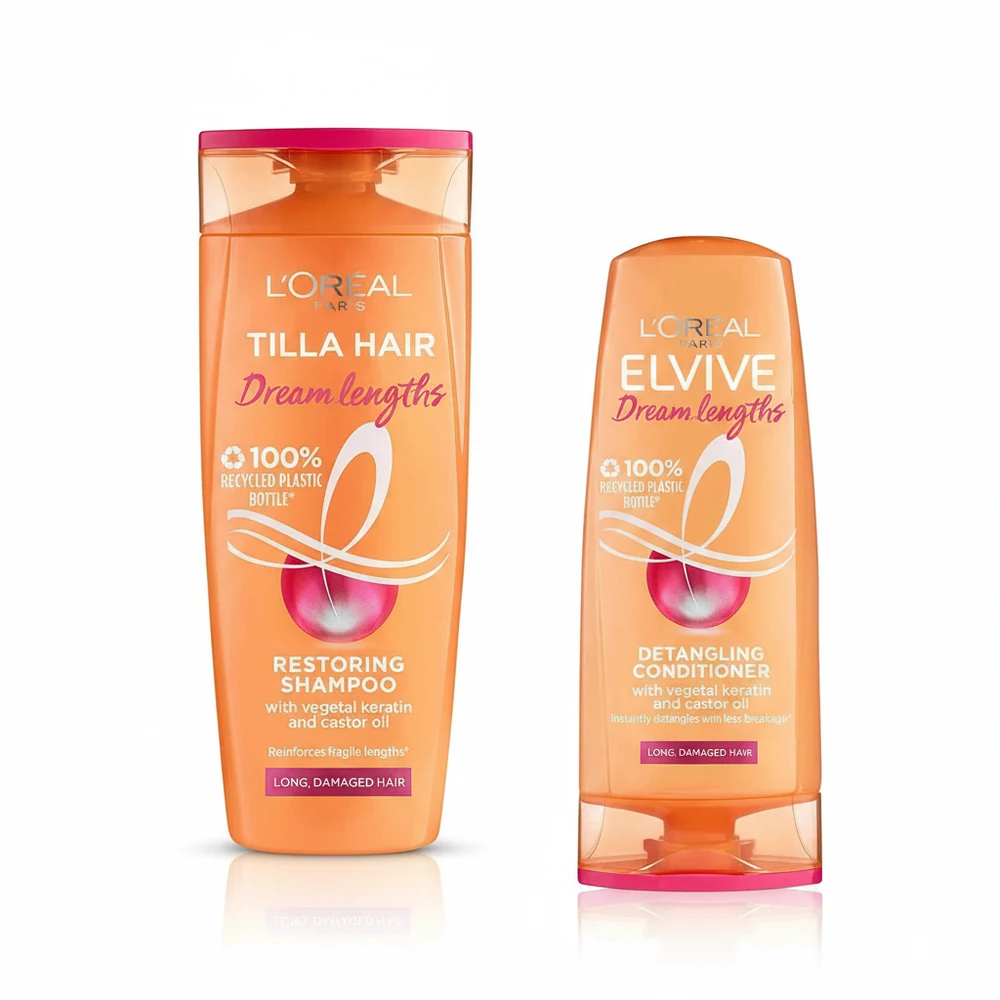 A 500 ml bottle of Tilla Replenishing Shampoo and Conditioner. The bottle has a white label with the Tilla logo and product name.