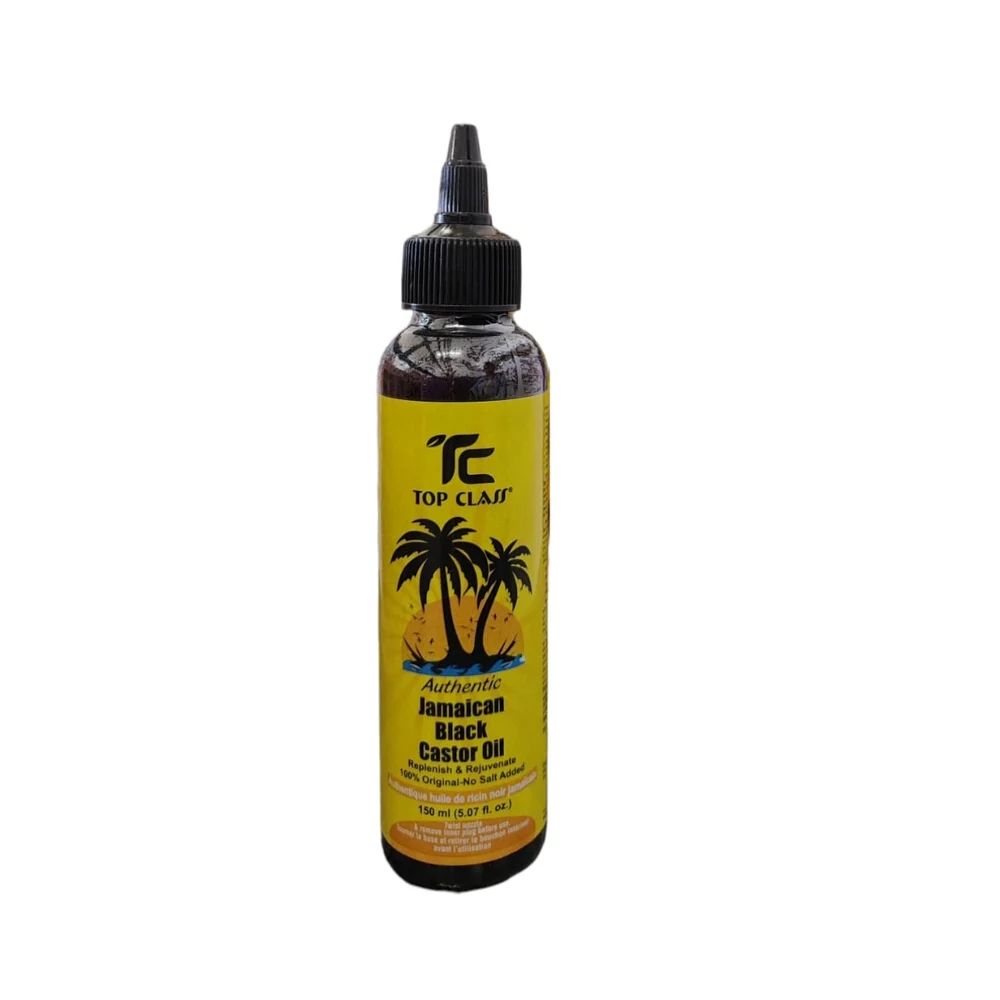 A dark amber-colored bottle of Top Class Castor Oil with a black label displaying the product name and size.
