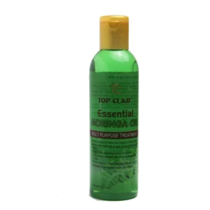 A clear glass bottle with a white label containing Top Class Essential Moringa Oil. The label has the brand name, product name, and size information.