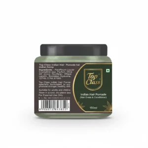 A round glass bottle with a black cap, containing a light brown hair pomade. The label features the Top Class brand name and 'Indian Hemp Hair Dress & Conditioner' text.