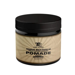 A round glass jar containing a thick, dark brown pomade. The label features the Top Class brand name and 'Jamaican Black Castor Oil' in white text on a black background.
