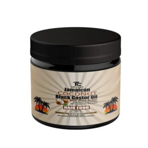 A bottle of Top Class Jamaican Black Castor Oil & Coconut Oil Hair Treatment, with a black and gold label design.