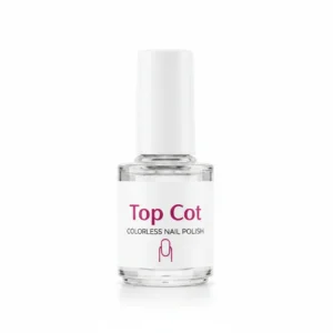 A clear glass bottle of Top Cot colorless nail polish top coat with a silver cap. The label shows the brand name and product name.