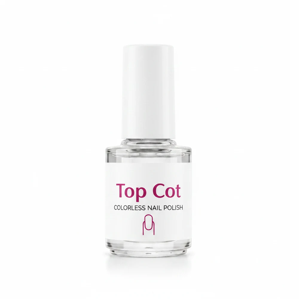 A clear glass bottle of Top Cot colorless nail polish top coat with a silver cap. The label shows the brand name and product name.