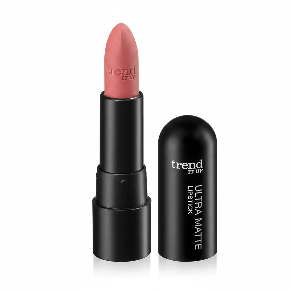 A matte black lipstick tube with the trend it up logo on the label