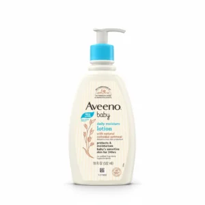 A white bottle of Aveeno Baby Daily Moisture Lotion with a green label. The bottle has a pump dispenser and displays the Aveeno logo and product name.