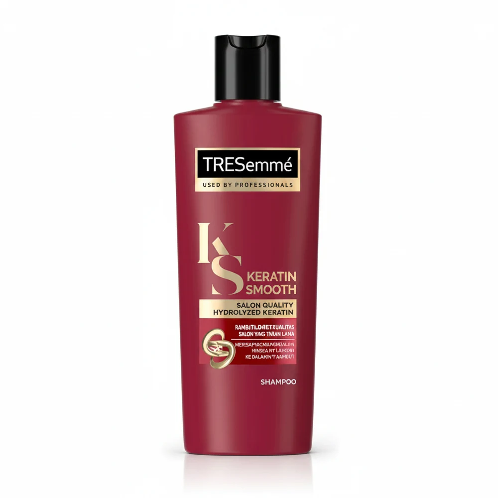 Two bottles of TRESemme Moisture Rich Shampoo and Conditioner in a light blue and white color scheme. The bottles have the TRESemme logo and product name clearly displayed on the labels.