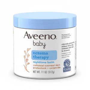 A white tube of Aveeno Baby Eczema Care Moisturizing Cream with a green and white label. The label features the Aveeno logo and indicates the product is formulated with natural colloidal oatmeal and vitamin B5 to help soothe and relieve dry, itchy skin due to eczema.