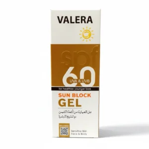 A 50ml bottle of Valera Sunblock SPF 60 Gel in a white and blue label design