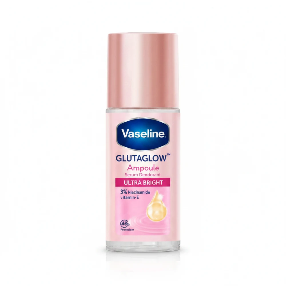 A round, white deodorant roll-on bottle with a green label featuring the Vaseline logo and product name. The label also displays the key ingredients niacinamide and licorice extract.