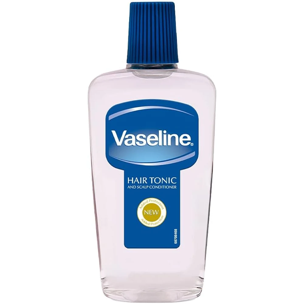 A bottle of Vaseline Hair Tonic with a blue and white label, containing 200ml of product.