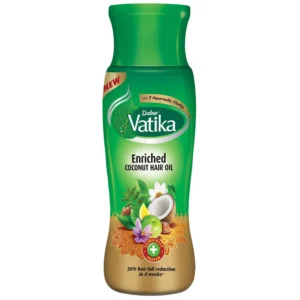 A bottle of Vatika Enriched Coconut Hair Oil with a green and white label. The bottle contains 250 ml of product.