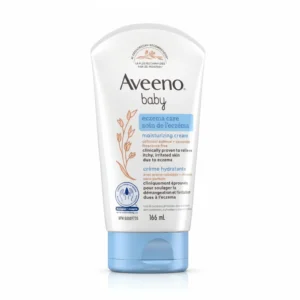 A bottle of Aveeno Baby Eczema Care Moisturizing Cream in white and green packaging. The label displays the Aveeno logo and product name.