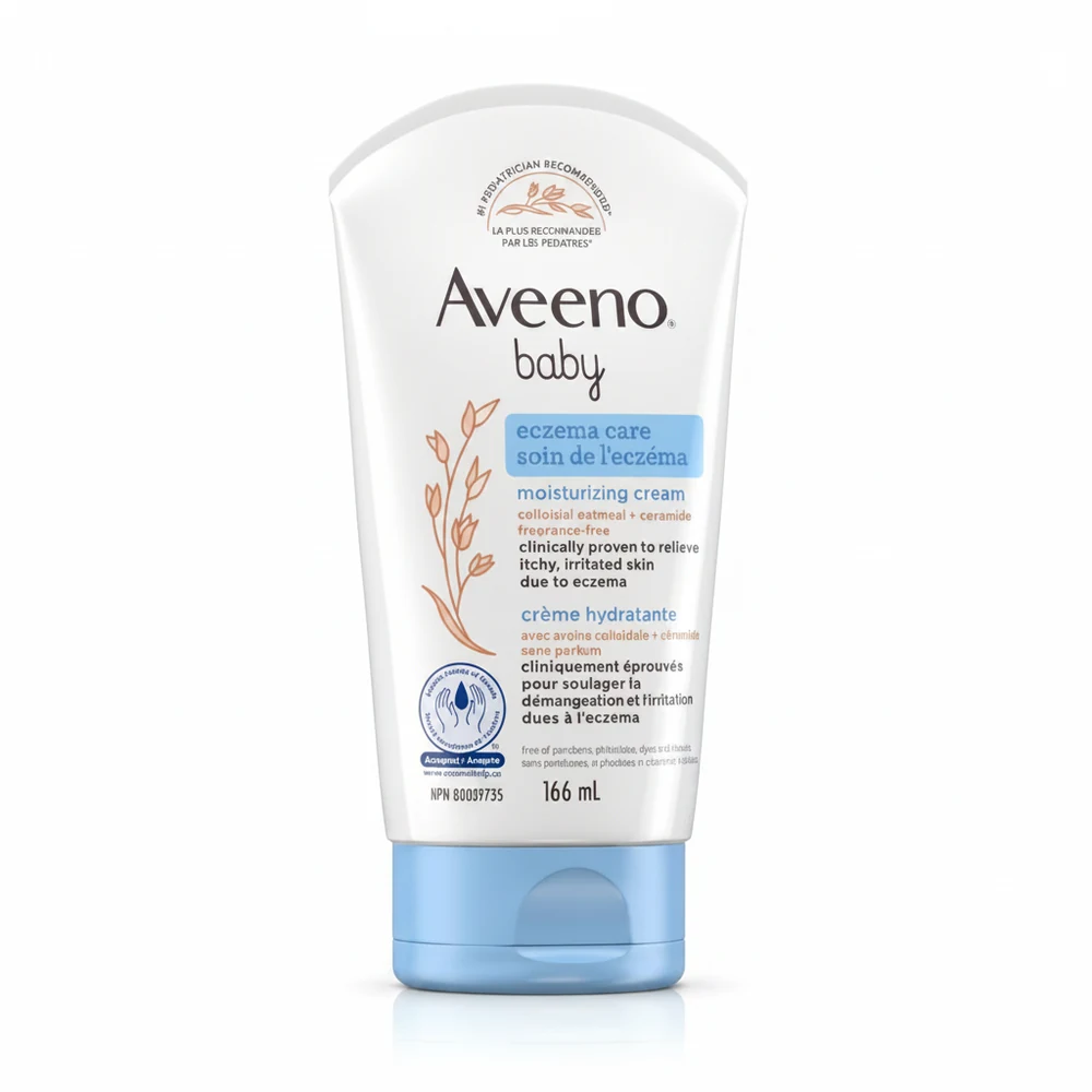A bottle of Aveeno Baby Eczema Care Moisturizing Cream in white and green packaging. The label displays the Aveeno logo and product name.