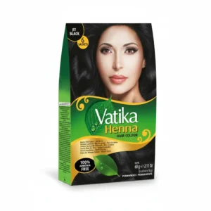 Bottle of Vatika Henna Hair Color in black and brown shades, with a label displaying the brand name and product details