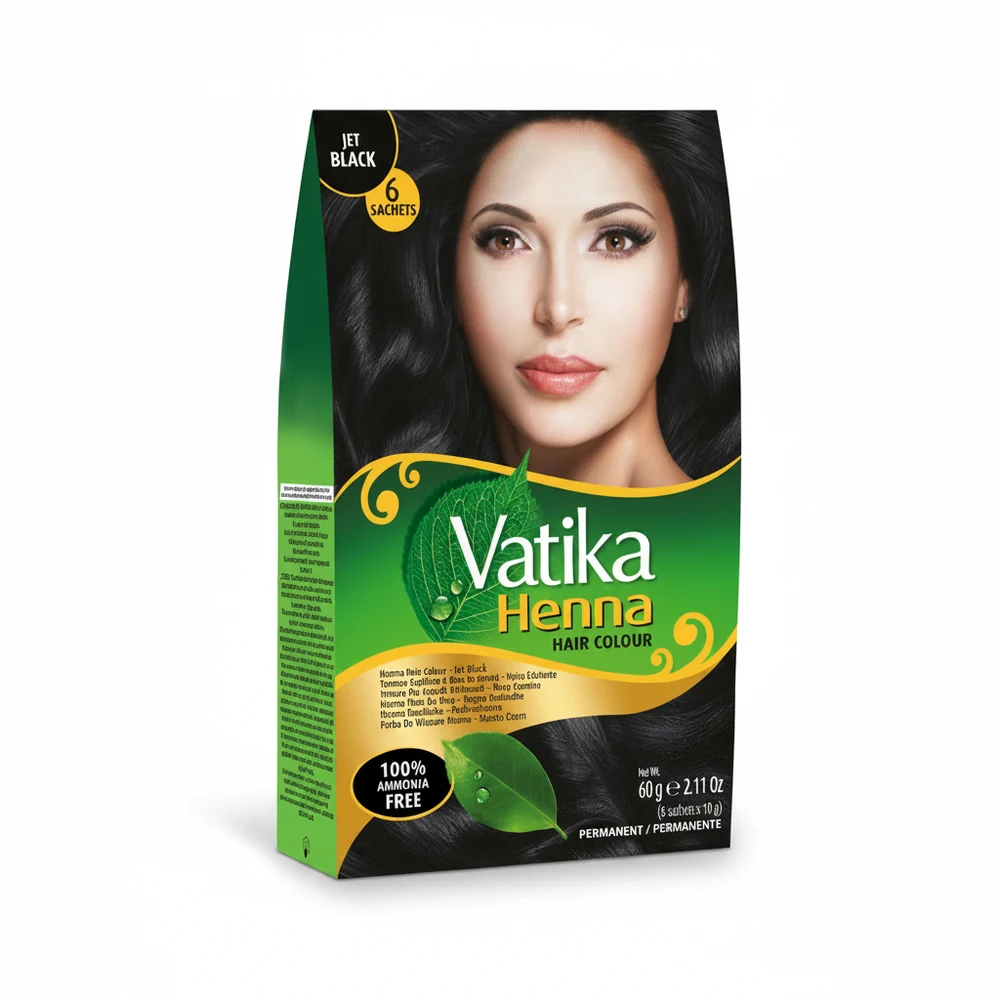 Bottle of Vatika Henna Hair Color in black and brown shades, with a label displaying the brand name and product details