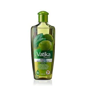A 200ml bottle of Vatika Naturals Olive Enriched Hair Oil. The bottle has a green and white label with the Vatika Naturals logo.