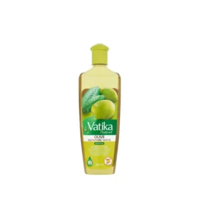 A bottle of Vatika Naturals Olive Enriched Hair Oil with a green and white label. The bottle contains 300ml of the nourishing hair oil.