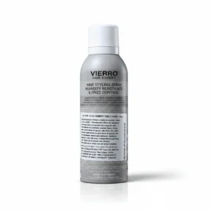 A clear glass bottle with a white label, containing a light-colored hair styling spray. The label features the Vierro Hair Expert brand name and indicates the product is for humidity resistance and frizz control.