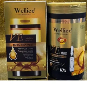 A 1L bottle of Wellice Vitamin E & Argan Protein Hair Mask, with a white label featuring the Wellice logo and product name