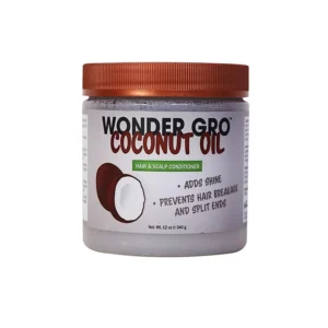 A clear glass bottle filled with pale yellow, unrefined coconut oil. The label features the Wonder Gro brand name and logo.