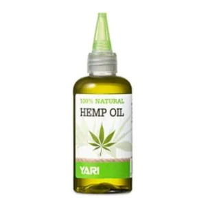 A clear glass bottle with a black cap, containing a golden-colored hemp seed oil. The label features the Yari brand name and '100% Natural Hemp Oil' text.