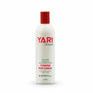 A bottle of Yari Naturals Creamy Hair Lotion with a white label and green accents. The bottle contains 375ml of the creamy, hydrating hair lotion.