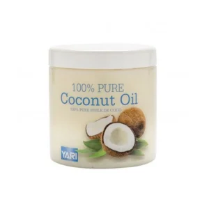 A glass jar filled with clear, unrefined coconut oil. The label features the Yari brand name and 'Pure Organic Coconut Oil' text.