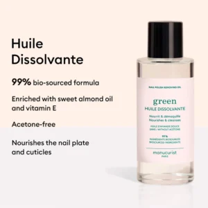 A green glass bottle with a white label, containing a green liquid nail polish remover.