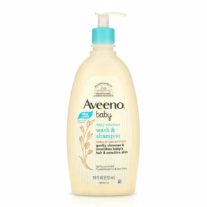 A white bottle of Aveeno Baby Lightly Scented Sensitive Wash & Shampoo, with a blue label and cap. The bottle contains 532mL of product.