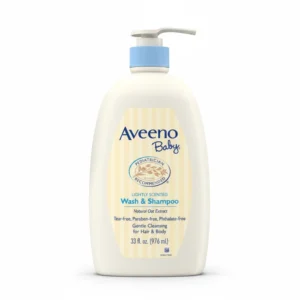 Bottle of Aveeno Baby Wash & Shampoo in white and green, with label showing product name and size of 976ml.