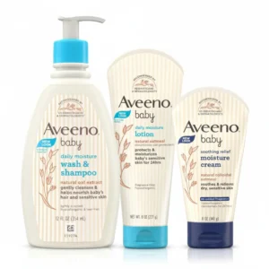 A bottle of Aveeno Baby Gentle Wash & Shampoo with Oat and a bottle of Aveeno Baby Gentle Lotion in white and green packaging.