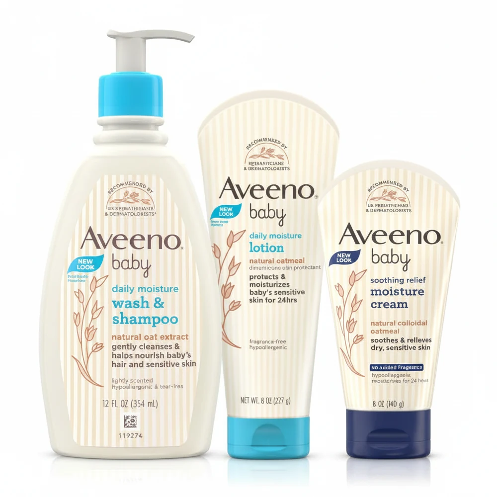 A bottle of Aveeno Baby Gentle Wash & Shampoo with Oat and a bottle of Aveeno Baby Gentle Lotion in white and green packaging.