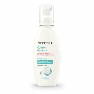 A 200ml bottle of Aveeno Calm & Restore Oat Cleanser with a white and green label