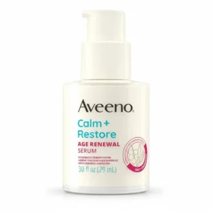 A bottle of Aveeno Calm & Restore Triple Oat Serum with a white label and green accents. The bottle contains a clear, lightweight serum.