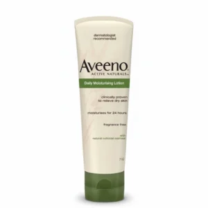 A white bottle of AVEENO Daily Moisturizing Lotion with a green label. The bottle contains 71g of product.