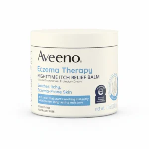 A white bottle of Aveeno Eczema Therapy Daily Moisturizing Body Cream with a green label. The label displays the Aveeno logo and product name.