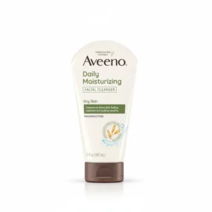 A bottle of Aveeno Daily Moisturizing Facial Cleanser with a white label and green accents. The bottle contains 147ml of product.
