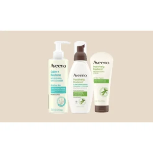 A white bottle with a green label, containing a clear liquid facial cleanser. The Aveeno logo is prominently displayed on the label.