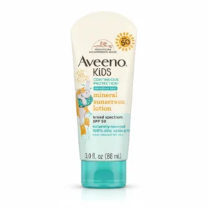A white bottle of Aveeno Kids Mineral Sunscreen SPF 50 with a blue and green label