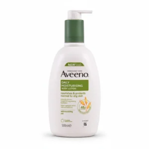 A white bottle of Aveeno Skin Relief Moisturizing Lotion with a green label. The bottle contains 500ml of product.