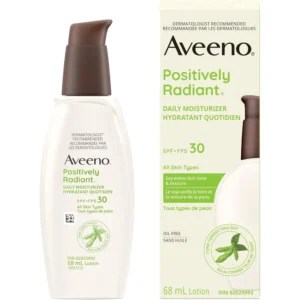 A bottle of Aveeno Positively Radiant Daily Moisturizer with Broad Spectrum SPF 30. The bottle is white with green accents and has the Aveeno logo on the front.
