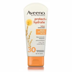 A bottle of Aveeno Protect + Hydrate Moisturizing Sunscreen SPF 30 in 88mL size. The bottle has a white label with the Aveeno logo and product name.