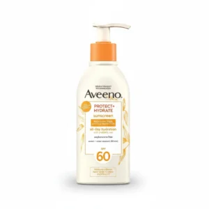 A white tube of Aveeno Protect+ Hydrate Sunscreen SPF 60 with the Aveeno logo and product name on the label.