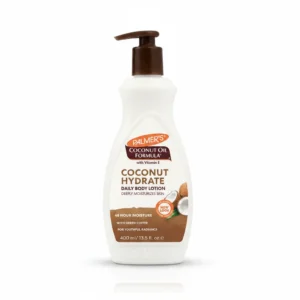 A white bottle with a green label featuring the Palmer's logo and 'Coconut Formula Body Lotion' text. The bottle contains a thick, creamy white lotion.