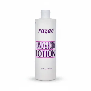 A white bottle of Razac Hand & Body Lotion with a blue and white label. The bottle has a pump dispenser on top.