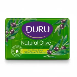 A green bottle of Duru Natural Olive Soap with a white label displaying the product name and key ingredients