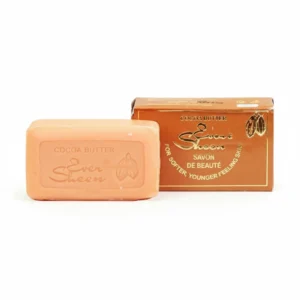 A rectangular bar of Ever Sheen Cocoa Butter Beauty Soap in a light brown color with the brand name and product name printed on the label.